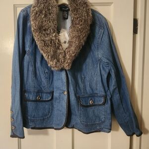 Denim&Co Blue Jean Jacket with Faux Fur Collar